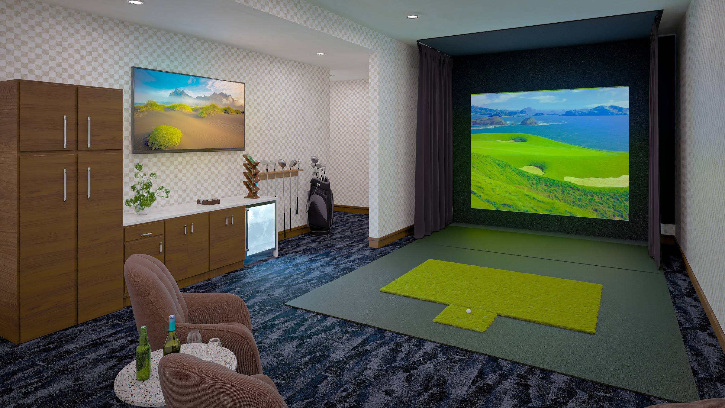 A modern indoor golf simulator room with chairs, a cabinet, golf bags, and a large screen showing a scenic golf course.