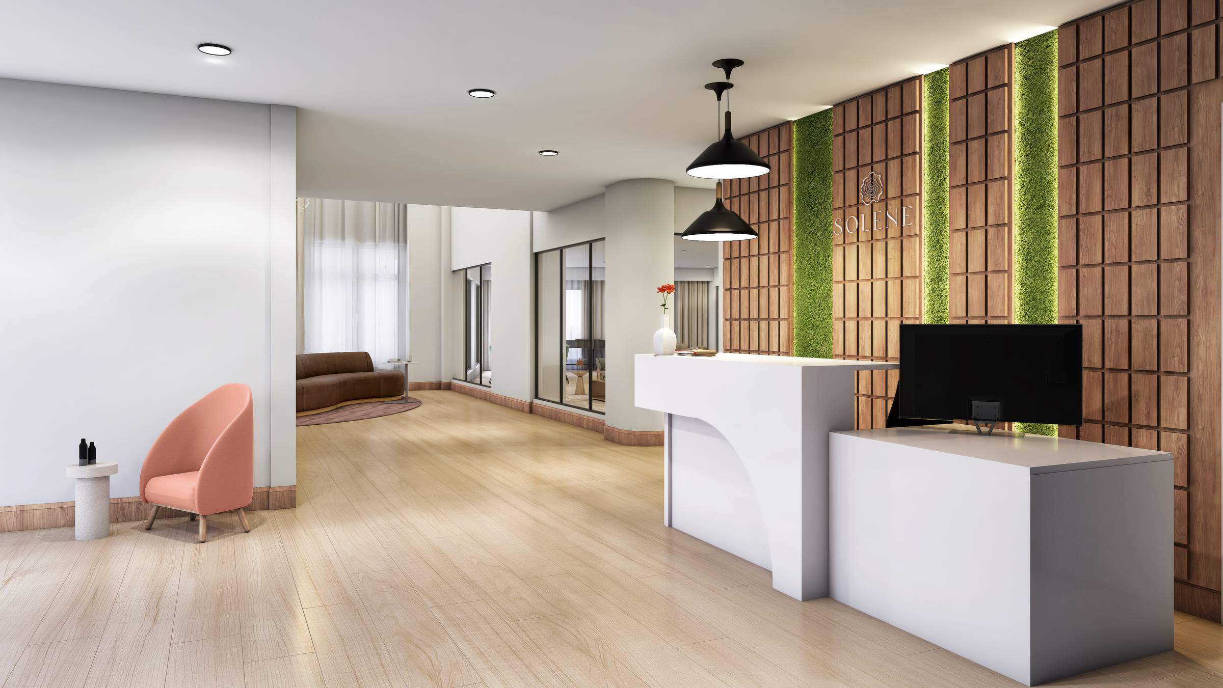 Modern reception area with a white desk, computer, wooden wall panels, green accents, and a pink chair.