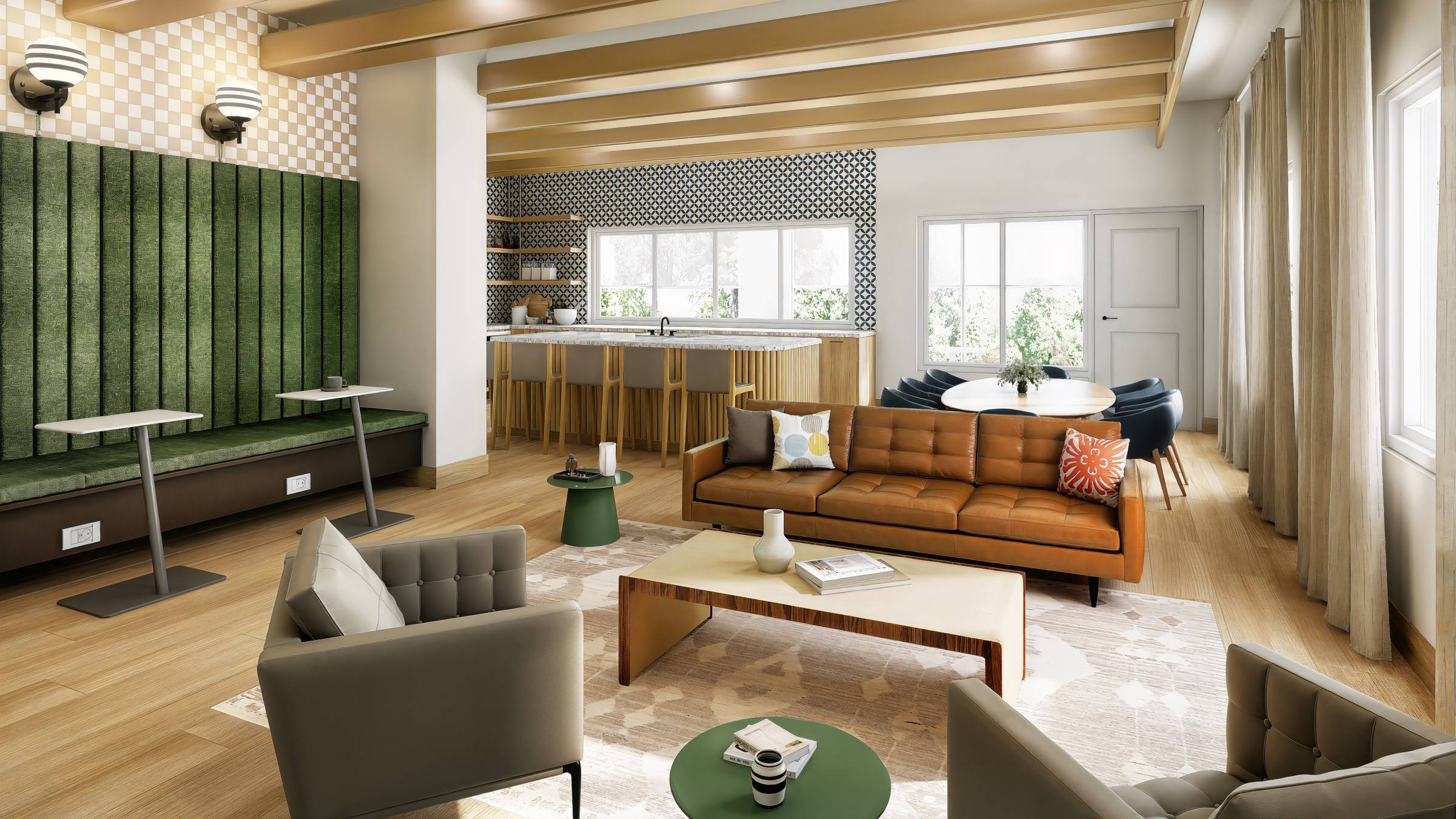 Modern living room with green bench, orange sofa, armchairs, wooden beams, kitchen, and dining area.
