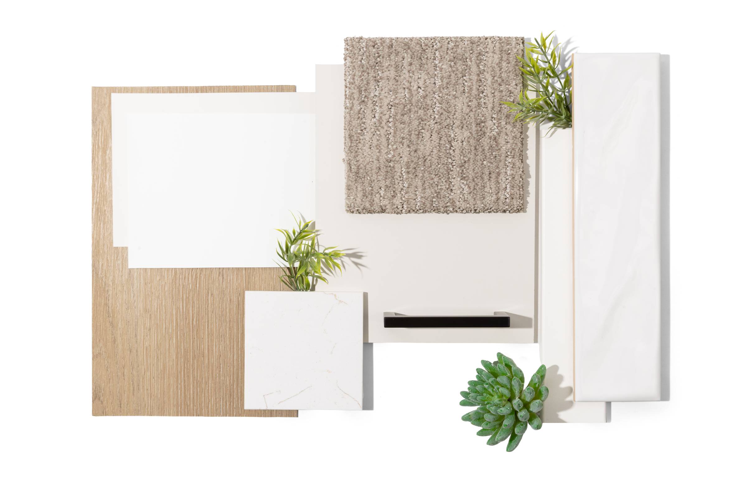 Neutral-toned material samples, tile, wood, and carpet swatches with small green plants arranged neatly on a white background.
