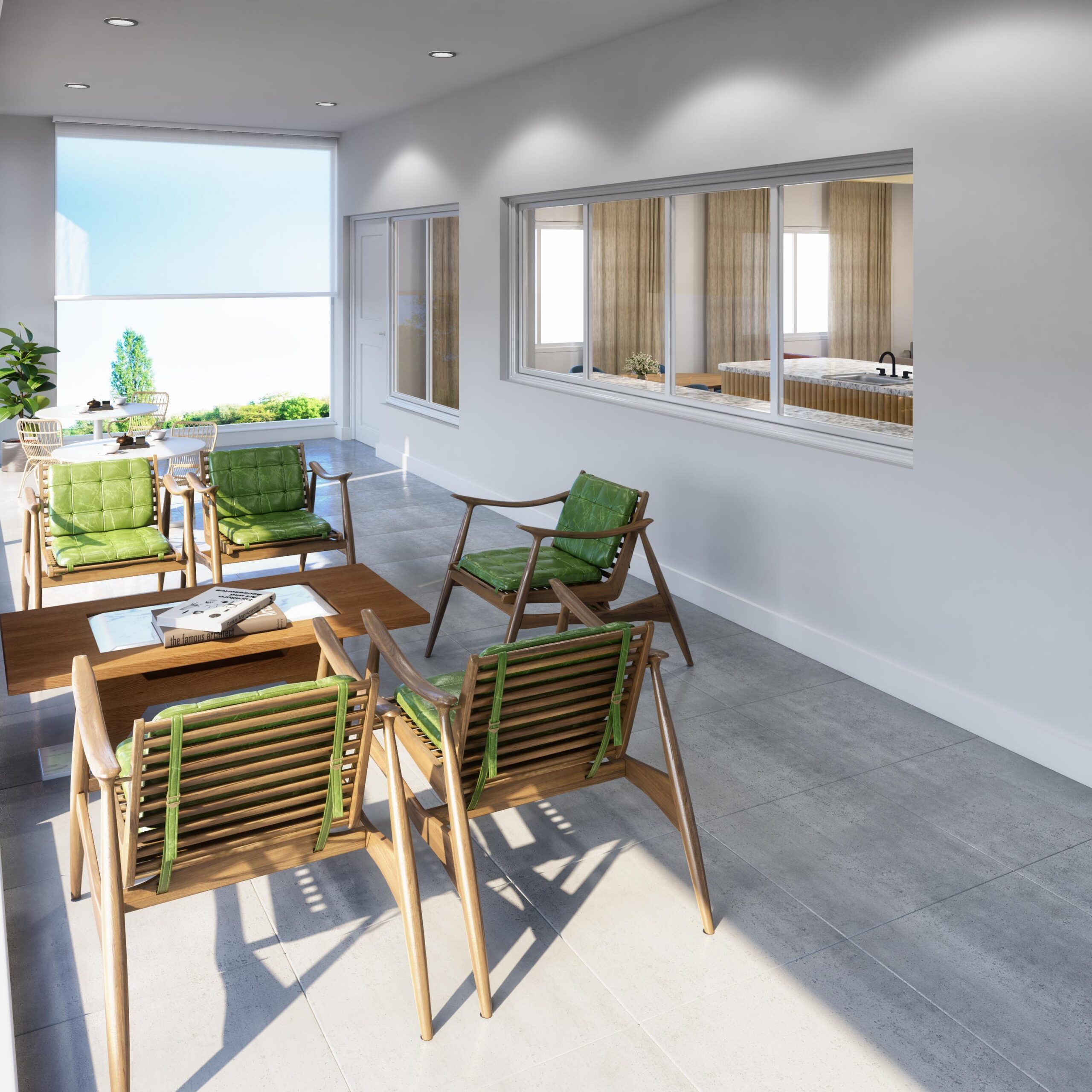 Modern patio with wooden chairs, green cushions, a table, large windows, and abundant natural light.